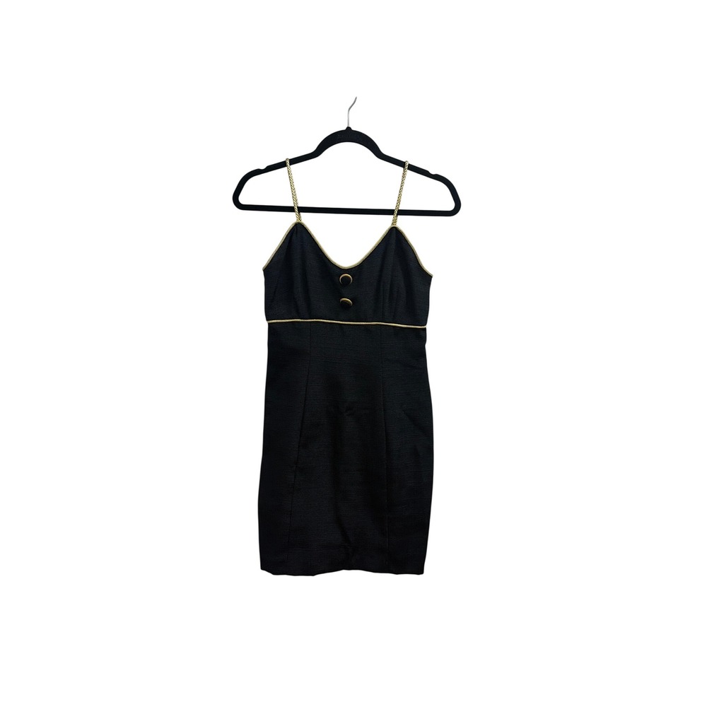 Vintage Betsey Johnson Black Ribbed Mini Dress Gold Braided Straps Accent Size P